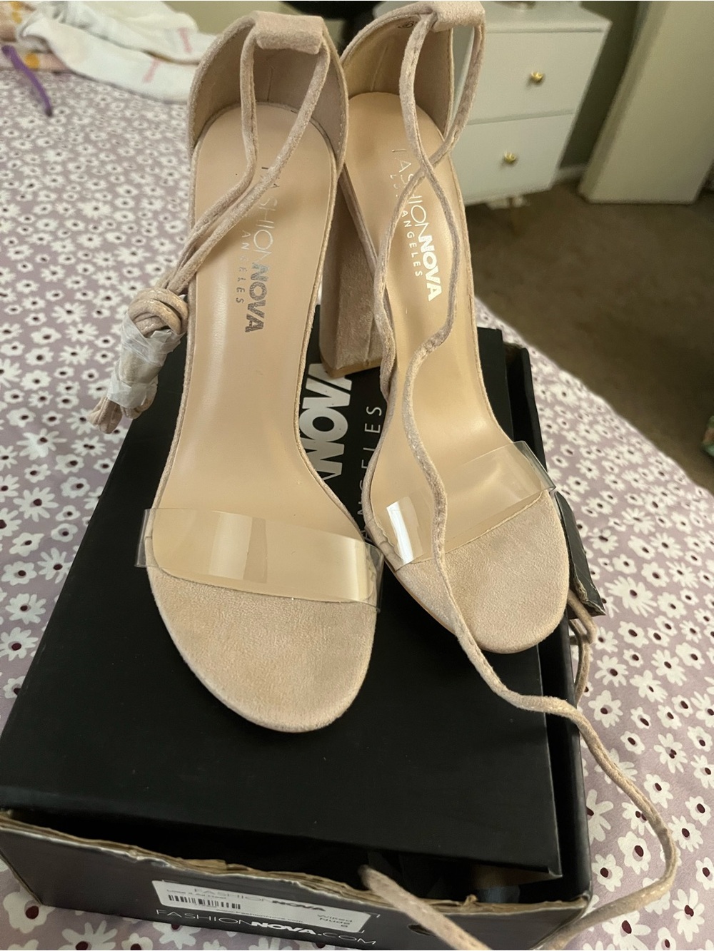 Fashion Nova Nude Suede Ankle-Tie Block Heels with Clear Strap